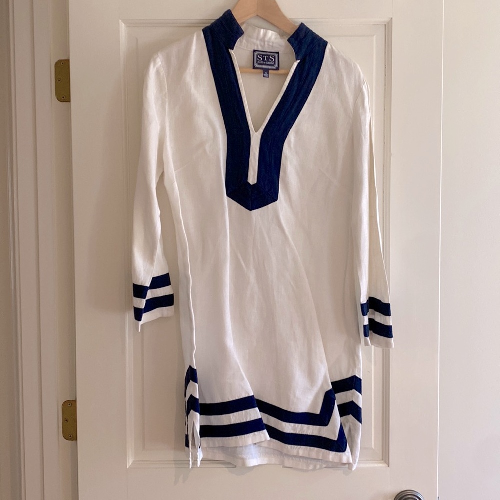 Sail to Sable Long Sleeve Classic Tunic, White with Navy Trim